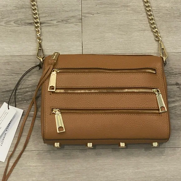 REBECCA MINKOFF 5-Zip Mini Crossbody Leather Bag Color:Almond NWT - Picture 1 of 9